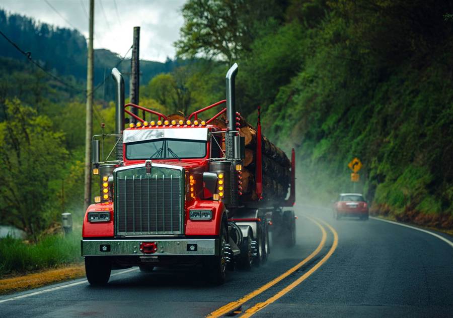 Loaded log truck running a misty forest highway